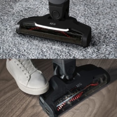 Die Multi-Bodendüse mit LED-Frontlicht und automatischer Reinigung der Bürstenrolle per Pedaldruck (modellabhängig) entfernt Schmutz zuverlässig von allen Bodenbelägen, besonders von Teppichböden.