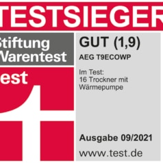 Mit der Gesamtnote „Gut (1,9)“ überzeugt der AEG Trockner Lavatherm T9ECOWP in allen Kategorien und ist im Bereich Trocknen mit Abstand der beste im Test.